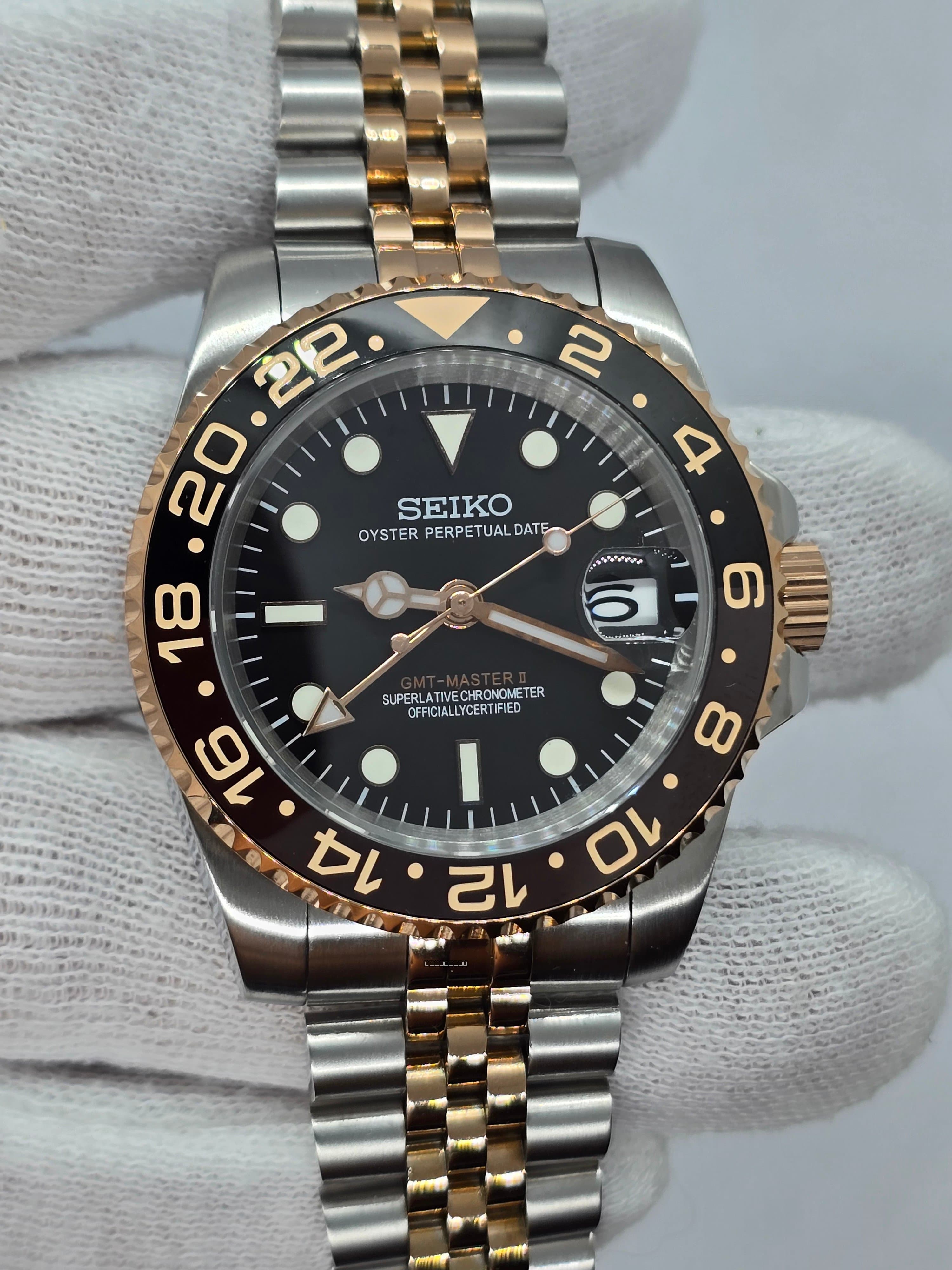 Orologio Mod Gmt Rootbeer acciaio e oro rosa Nh34 automatico 40mm Jubilee